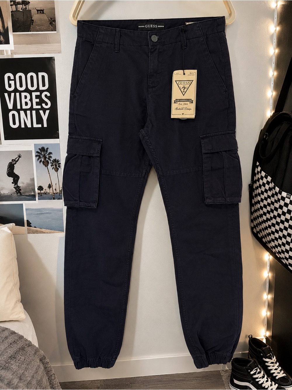 NWT Guess Kids Size 14 Smart Blue Gabardine Cargo Jogger Pants Elastic